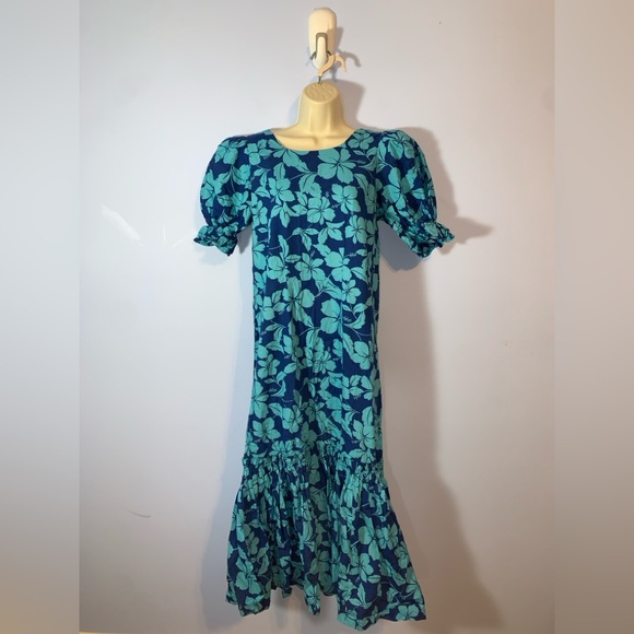 Handmade hibiscus Floral Blue Dress short puff sleeve mermaid square neckline S - Picture 2 of 7